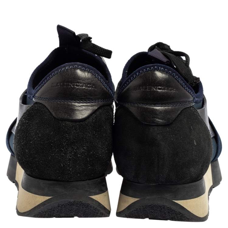 Pre Owned Balenciaga Navy Blue Leather, Nylon, And Mesh Race Runner Sneakers Size 37