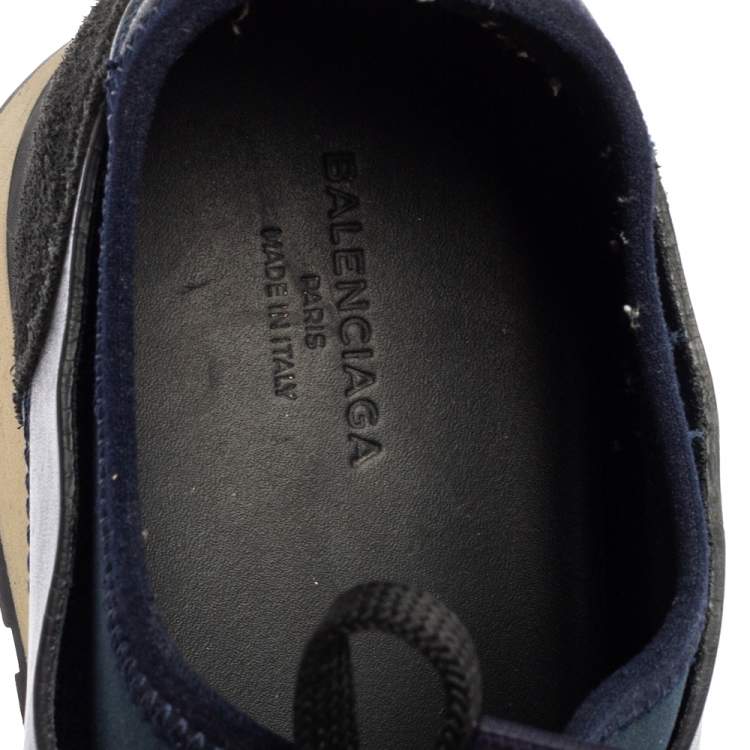 Pre Owned Balenciaga Navy Blue Leather, Nylon, And Mesh Race Runner Sneakers Size 37