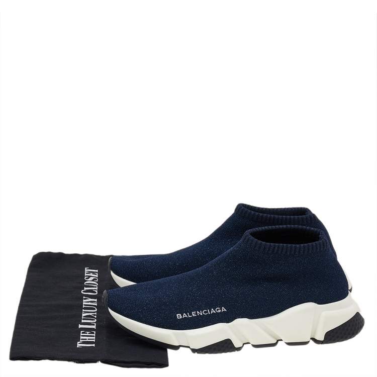 Pre Owned Balenciaga Blue Glitter Knit Fabric Speed Trainer Sneakers Size 39