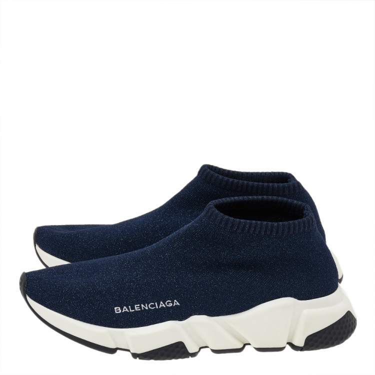 Pre Owned Balenciaga Blue Glitter Knit Fabric Speed Trainer Sneakers Size 39