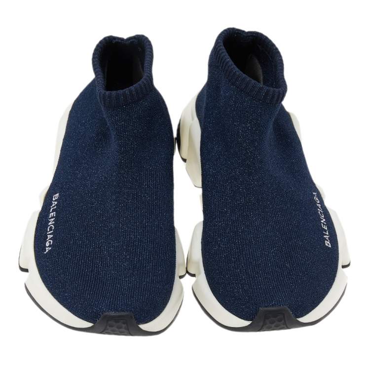 Pre Owned Balenciaga Blue Glitter Knit Fabric Speed Trainer Sneakers Size 39