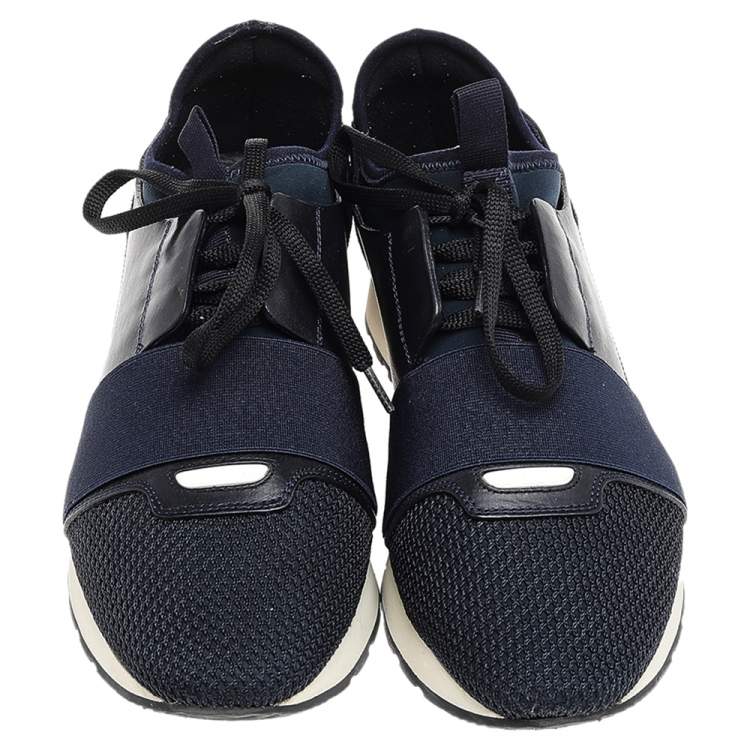 Pre Owned Balenciaga Navy Blue Leather And Mesh Race Runner Sneakers Size 39