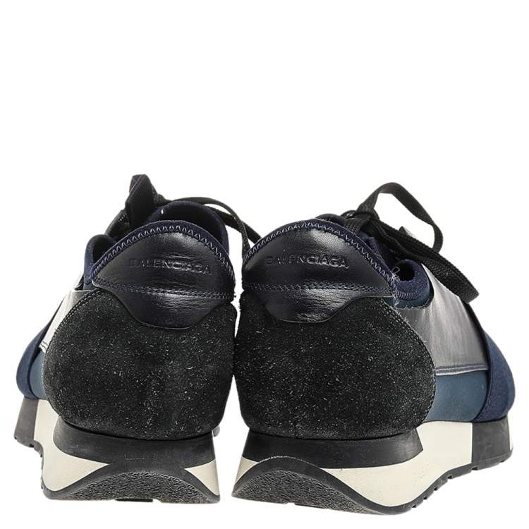Pre Owned Balenciaga Navy Blue Leather And Mesh Race Runner Sneakers Size 39