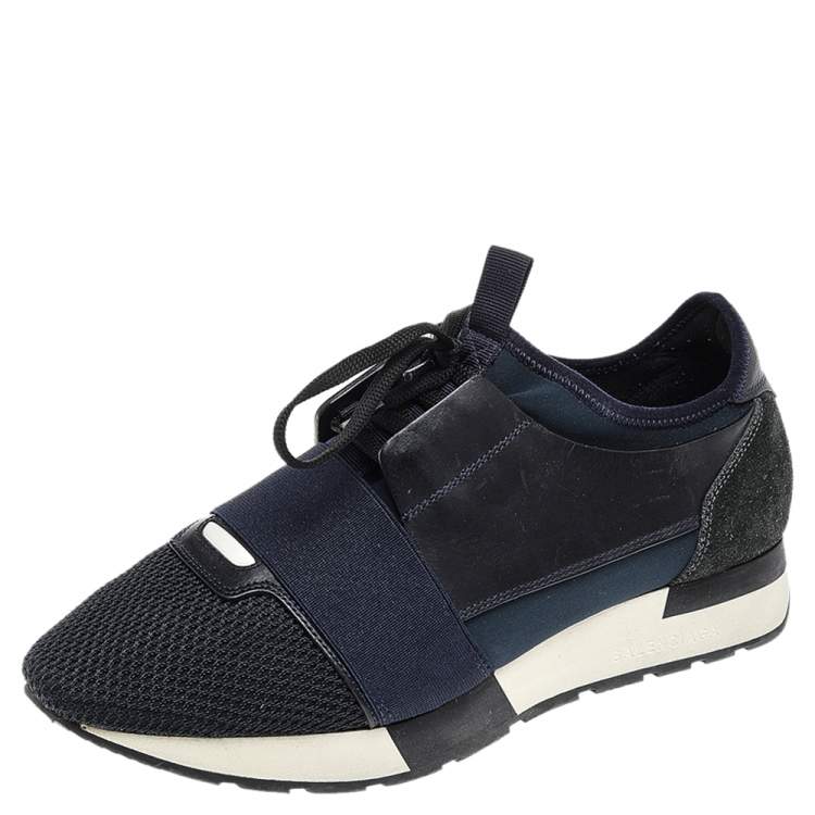 Pre Owned Balenciaga Navy Blue Leather And Mesh Race Runner Sneakers Size 39