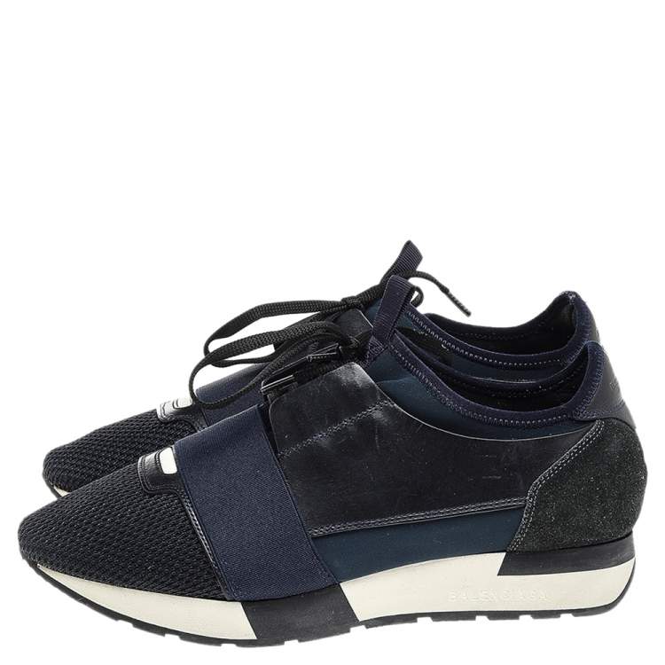 Pre Owned Balenciaga Navy Blue Leather And Mesh Race Runner Sneakers Size 39