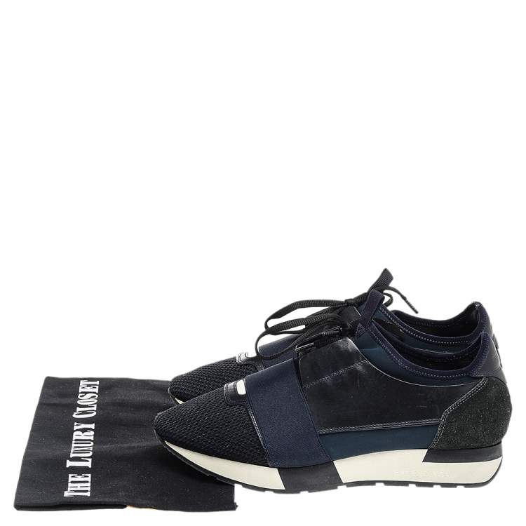 Pre Owned Balenciaga Navy Blue Leather And Mesh Race Runner Sneakers Size 39