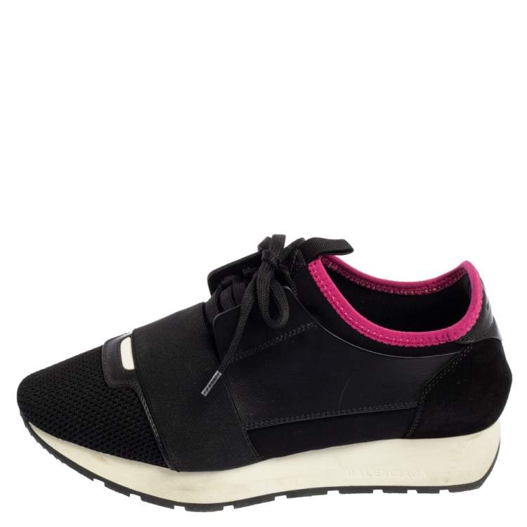 Pre Owned Balenciaga Black/Red Mesh And Leather Race Runner Sneakers Size 37