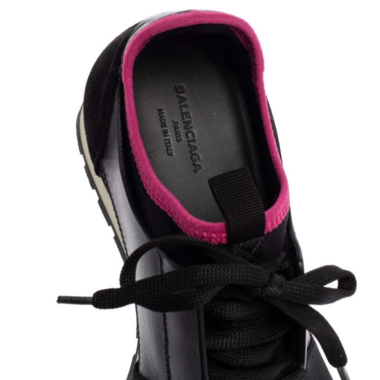 Pre Owned Balenciaga Black/Red Mesh And Leather Race Runner Sneakers Size 37