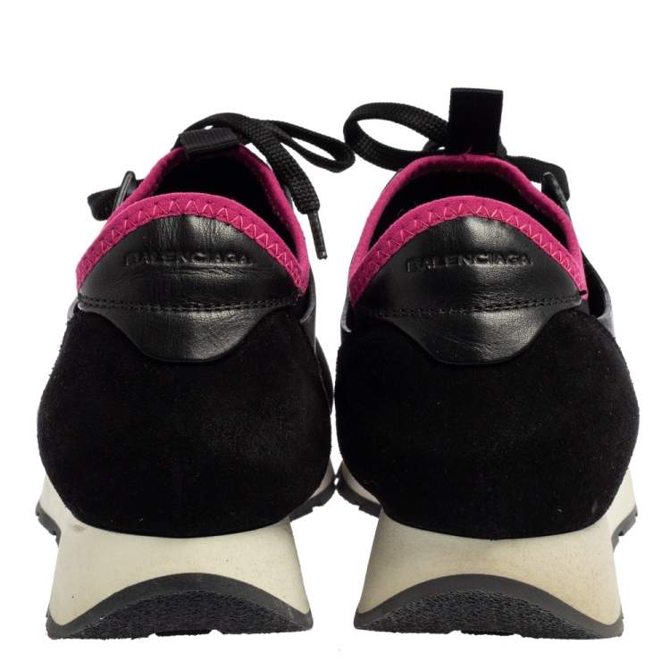 Pre Owned Balenciaga Black/Red Mesh And Leather Race Runner Sneakers Size 37