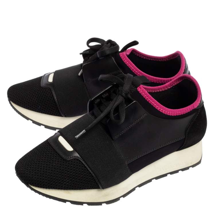 Pre Owned Balenciaga Black/Red Mesh And Leather Race Runner Sneakers Size 37