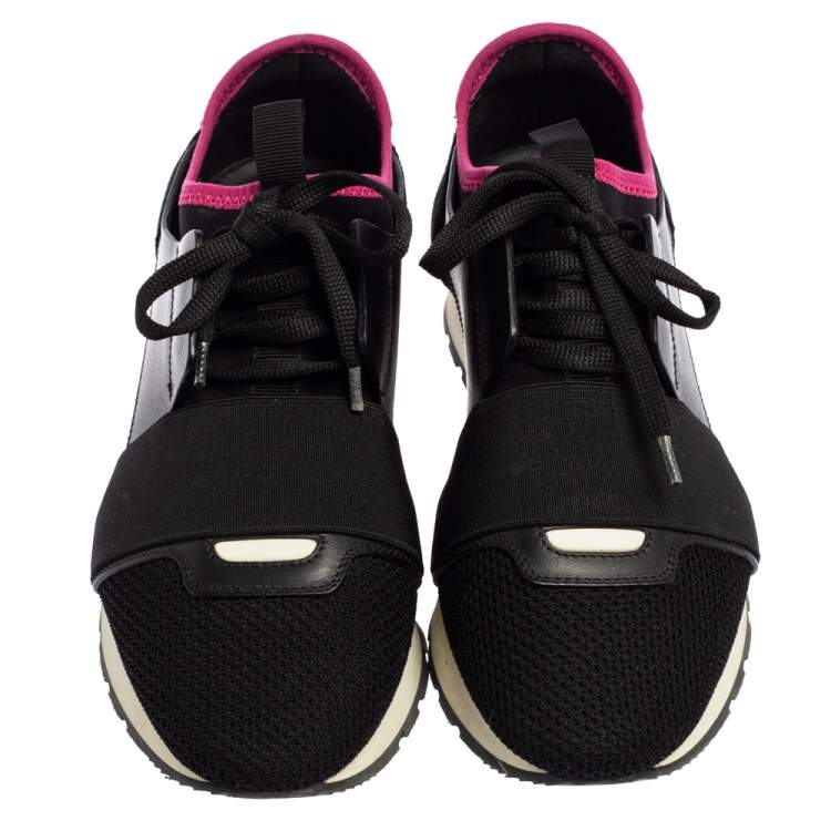 Pre Owned Balenciaga Black/Red Mesh And Leather Race Runner Sneakers Size 37
