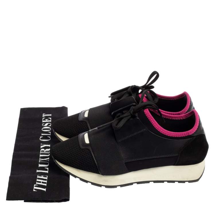 Pre Owned Balenciaga Black/Red Mesh And Leather Race Runner Sneakers Size 37
