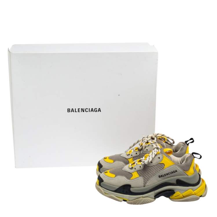 Pre Owned Balenciaga Yellow/Grey Leather And Mesh Triple S Sneakers 38