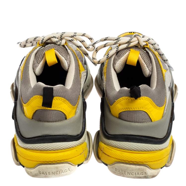 Pre Owned Balenciaga Yellow/Grey Leather And Mesh Triple S Sneakers 38