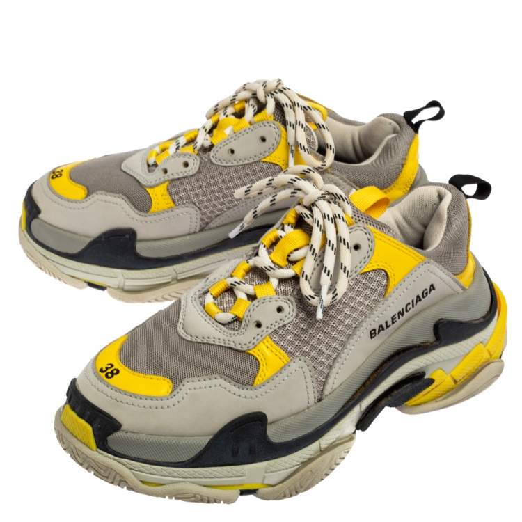 Pre Owned Balenciaga Yellow/Grey Leather And Mesh Triple S Sneakers 38