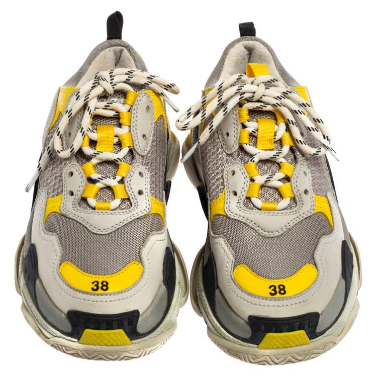 Pre Owned Balenciaga Yellow/Grey Leather And Mesh Triple S Sneakers 38