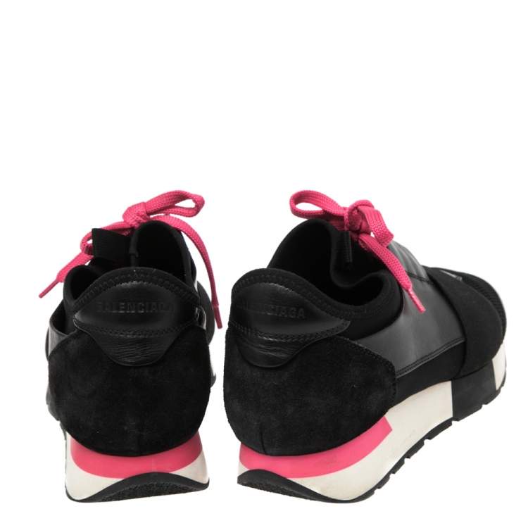 Pre Owned Balenciaga Black Mesh, Leather, And Suede Race Runner Low Top Sneakers Size 38