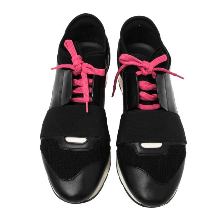 Pre Owned Balenciaga Black Mesh, Leather, And Suede Race Runner Low Top Sneakers Size 38
