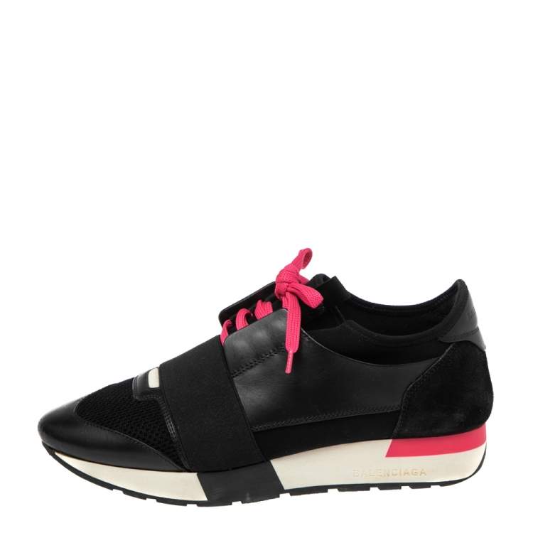 Pre Owned Balenciaga Black Mesh, Leather, And Suede Race Runner Low Top Sneakers Size 38
