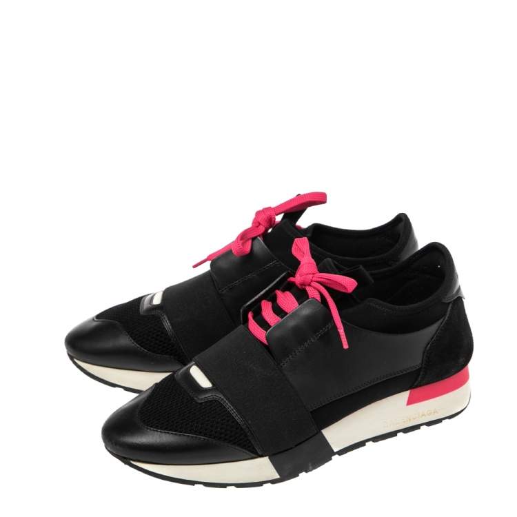 Pre Owned Balenciaga Black Mesh, Leather, And Suede Race Runner Low Top Sneakers Size 38
