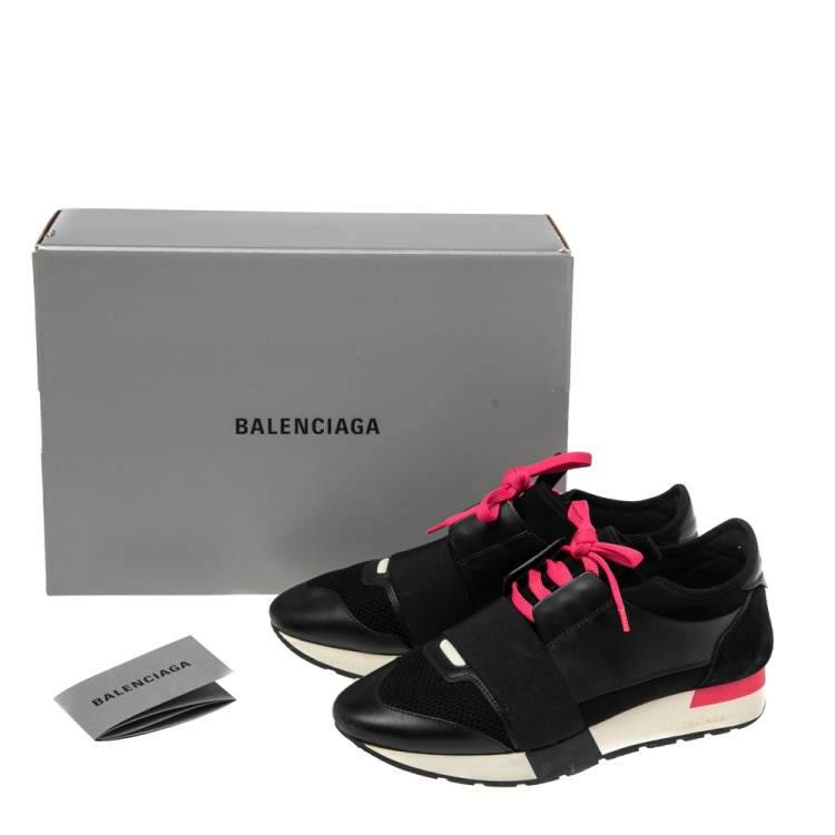 Pre Owned Balenciaga Black Mesh, Leather, And Suede Race Runner Low Top Sneakers Size 38