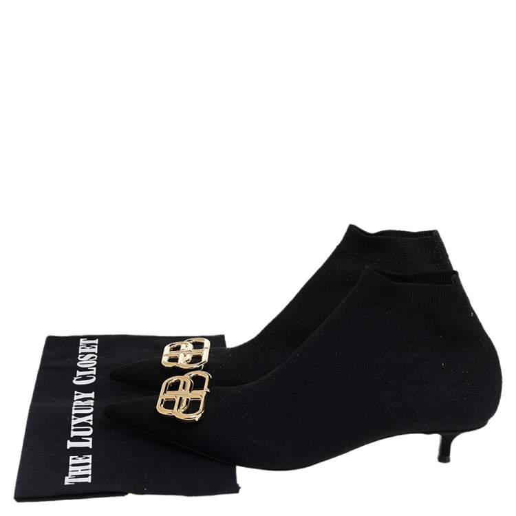 Pre Owned Balenciaga Black Knit Fabric BB Knife Kitten Heel Booties Size 38