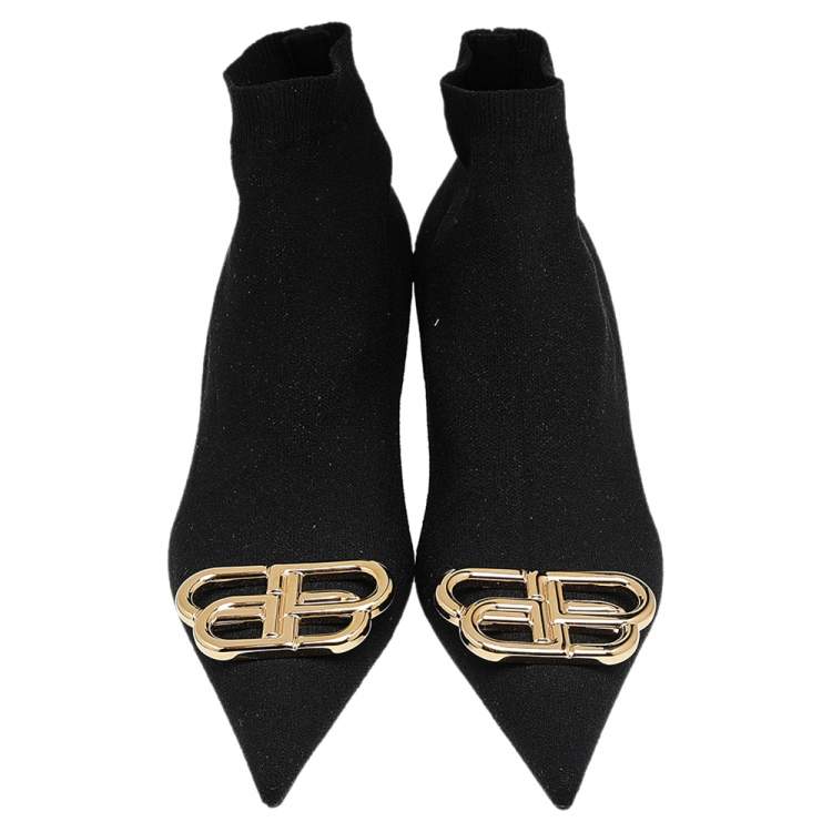 Pre Owned Balenciaga Black Knit Fabric BB Knife Kitten Heel Booties Size 38