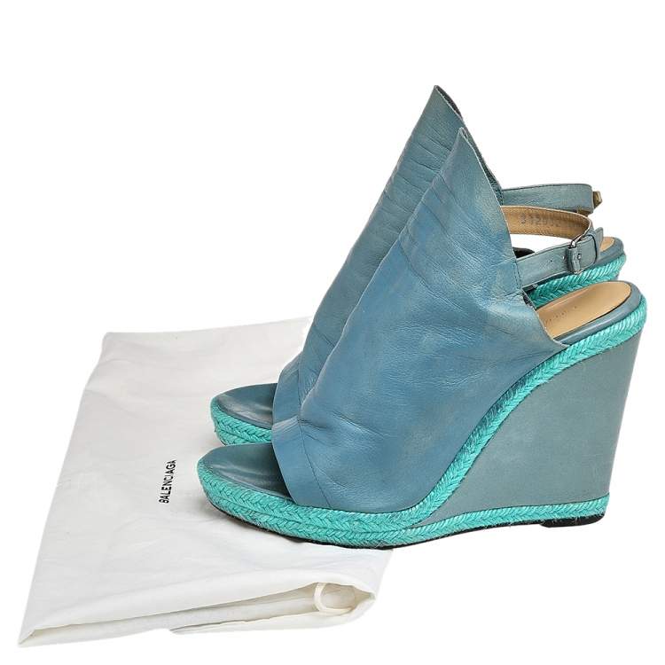 Pre Owned Balenciaga Blue Leather Glove Wedge Sandals Size 41