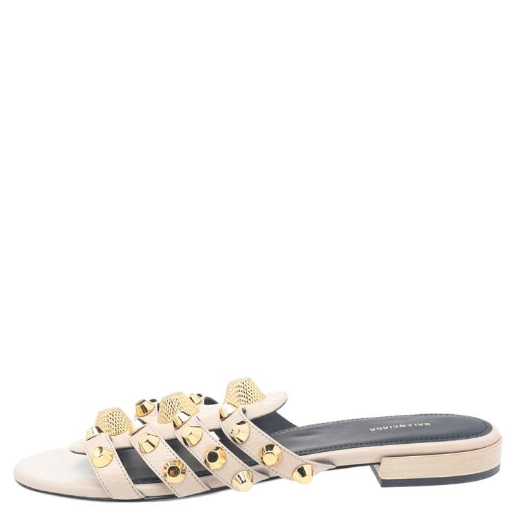 Pre Owned Balenciaga Beige Leather Arena Giant Studded Flat Slides Size 36.5