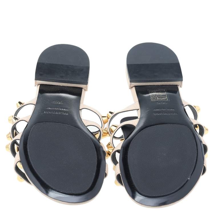 Pre Owned Balenciaga Beige Leather Arena Giant Studded Flat Slides Size 36.5