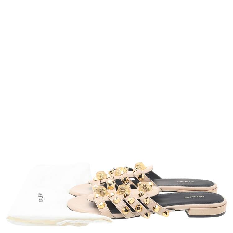 Pre Owned Balenciaga Beige Leather Arena Giant Studded Flat Slides Size 36.5