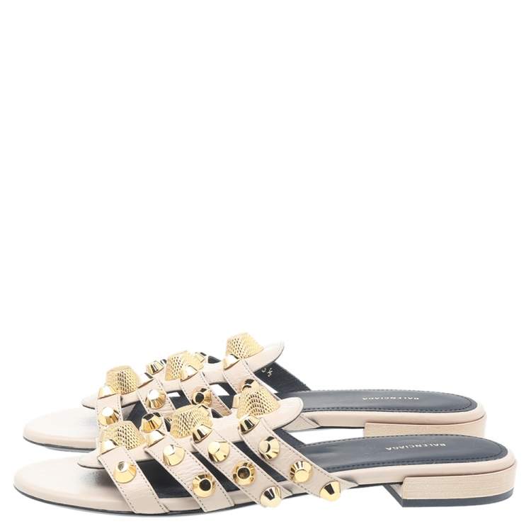 Pre Owned Balenciaga Beige Leather Arena Giant Studded Flat Slides Size 36.5