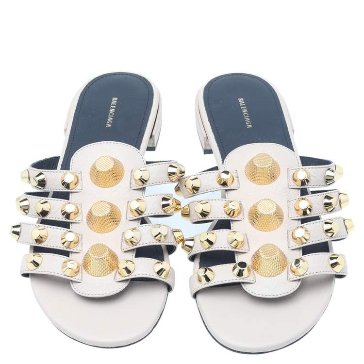 Pre Owned Balenciaga Beige Leather Arena Giant Studded Flat Slides Size 36.5