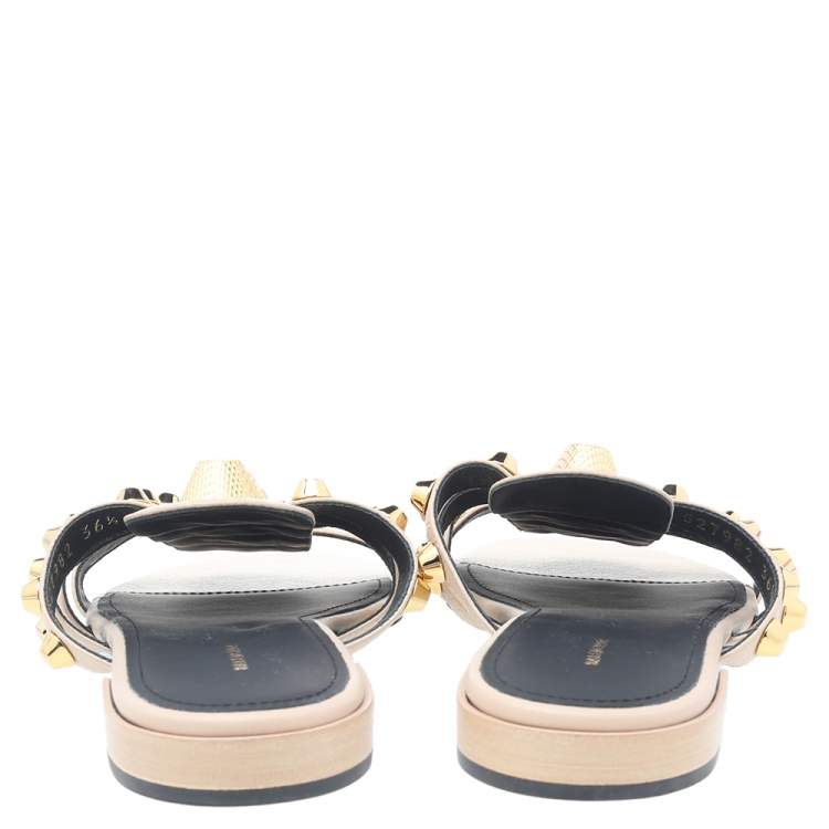 Pre Owned Balenciaga Beige Leather Arena Giant Studded Flat Slides Size 36.5