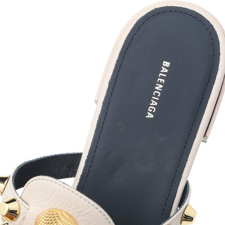 Pre Owned Balenciaga Beige Leather Arena Giant Studded Flat Slides Size 36.5