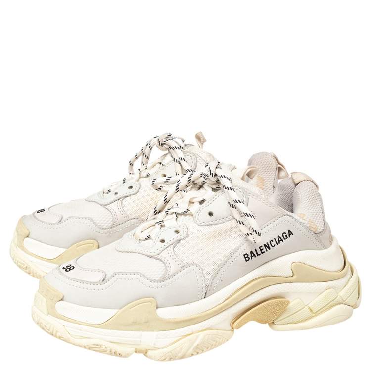 Pre Owned Balenciaga Grey/White Leather And Mesh Triple S Sneakers Size 38