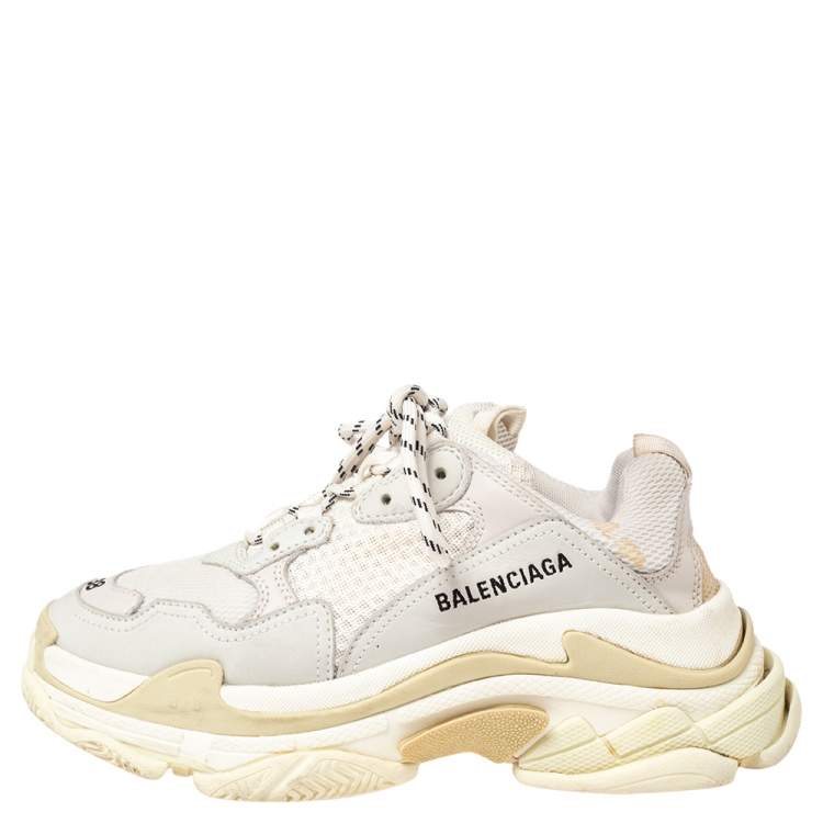 Pre Owned Balenciaga Grey/White Leather And Mesh Triple S Sneakers Size 38