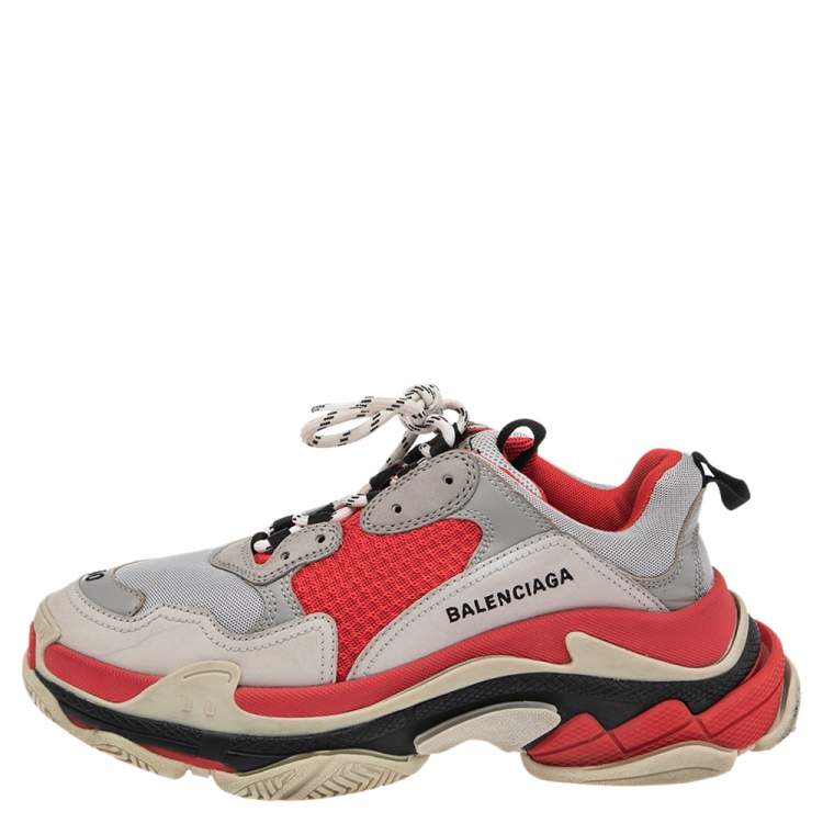 Pre Owned Balenciaga Grey/Red Leather And Mesh Triple S Sneakers Size 40