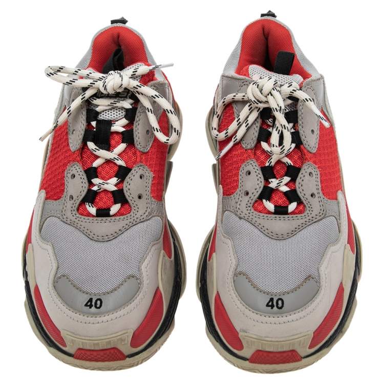 Pre Owned Balenciaga Grey/Red Leather And Mesh Triple S Sneakers Size 40