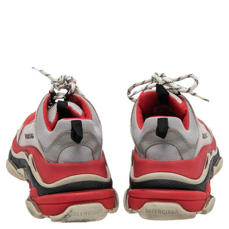 Pre Owned Balenciaga Grey/Red Leather And Mesh Triple S Sneakers Size 40
