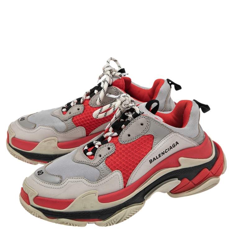 Pre Owned Balenciaga Grey/Red Leather And Mesh Triple S Sneakers Size 40