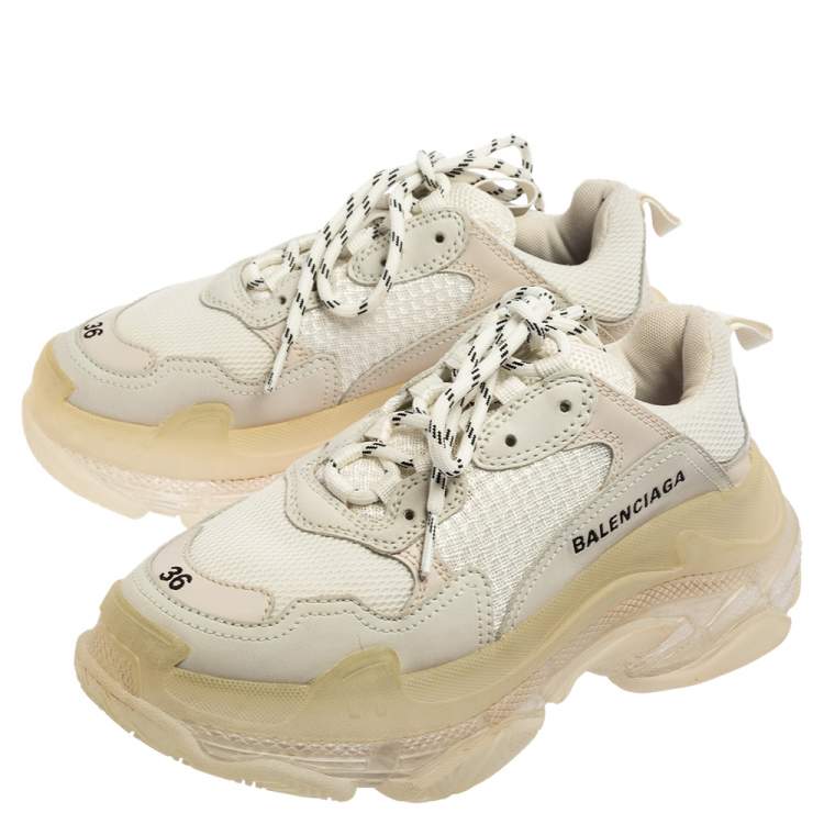 Pre Owned Balenciaga White/Grey Leather, Mesh Triple S Clear  Sneakers Size 36