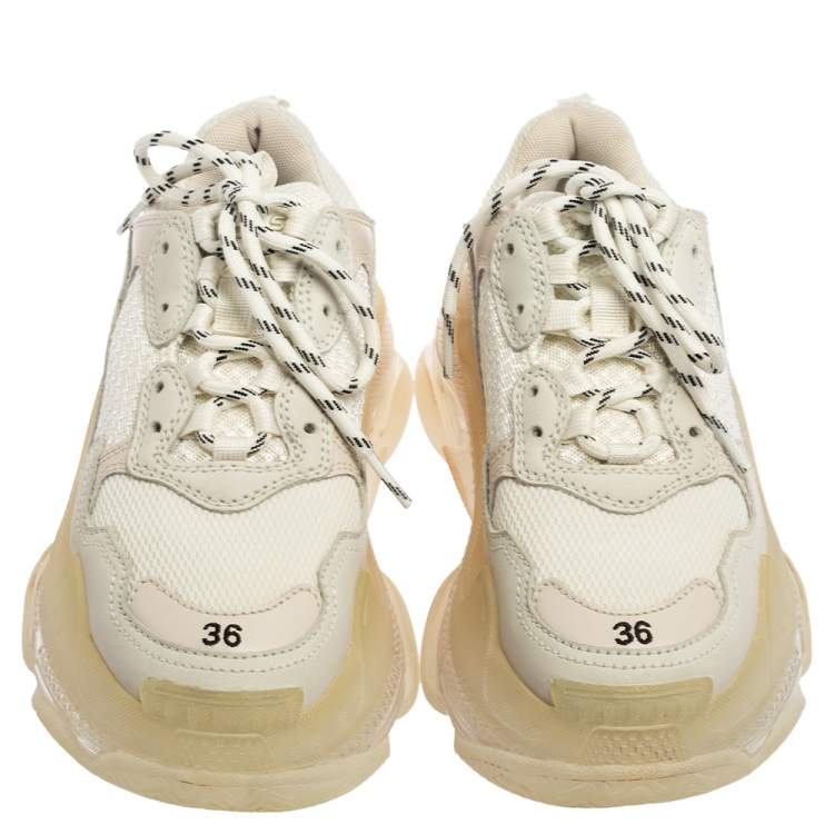 Pre Owned Balenciaga White/Grey Leather, Mesh Triple S Clear  Sneakers Size 36