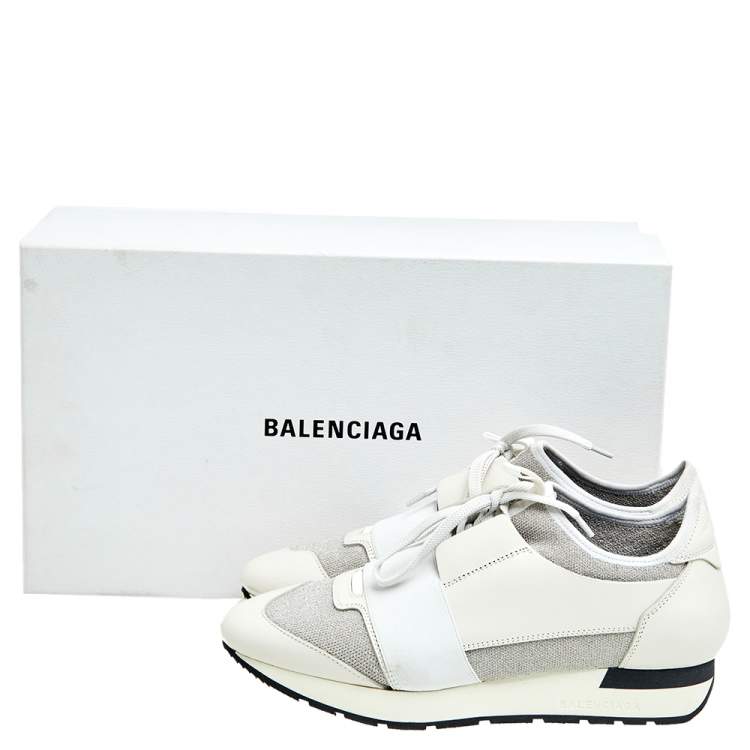 Pre Owned Balenciaga White/Grey Leather And Mesh Race Runner Sneakers Size 38