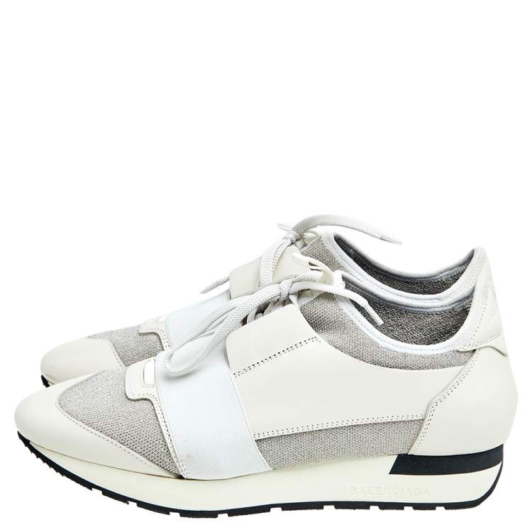 Pre Owned Balenciaga White/Grey Leather And Mesh Race Runner Sneakers Size 38