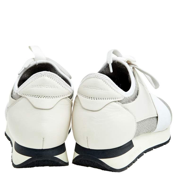 Pre Owned Balenciaga White/Grey Leather And Mesh Race Runner Sneakers Size 38