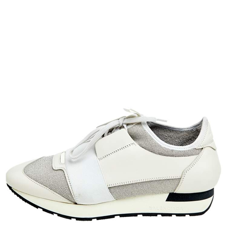 Pre Owned Balenciaga White/Grey Leather And Mesh Race Runner Sneakers Size 38