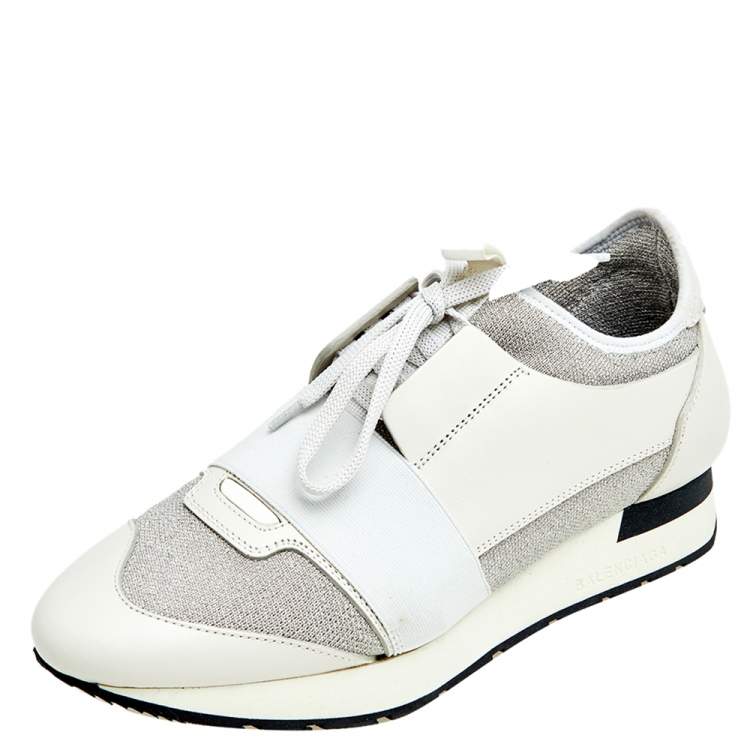 Pre Owned Balenciaga White/Grey Leather And Mesh Race Runner Sneakers Size 38