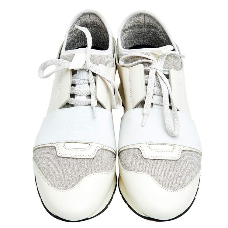 Pre Owned Balenciaga White/Grey Leather And Mesh Race Runner Sneakers Size 38