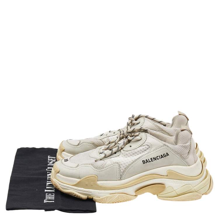 Pre Owned Balenciaga Grey/Beige Leather and Mesh Triple S Sneakers Size 39